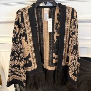 Chico's Black and Brown Patterned Fringe Cardigan